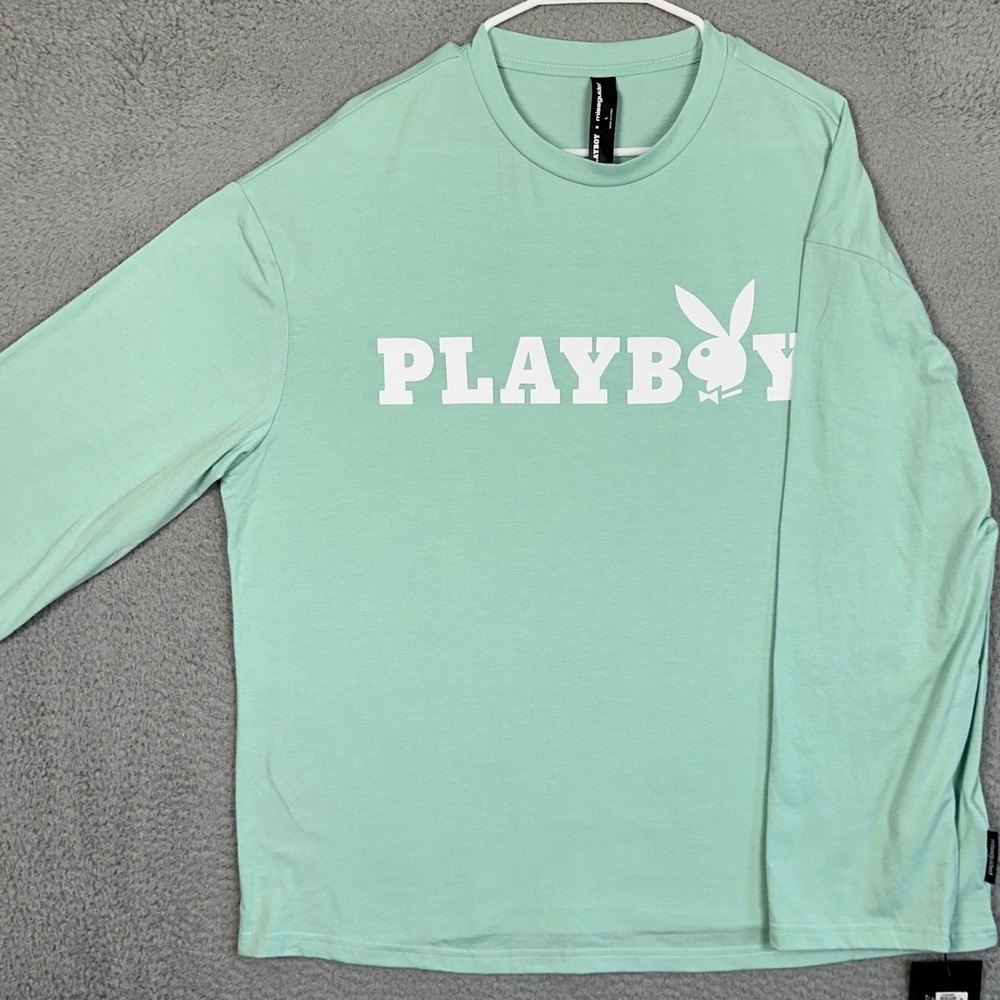 NEW Playboy x Missguided T-Shirt Mens Large Green Oversized Graphic Long Sleeve